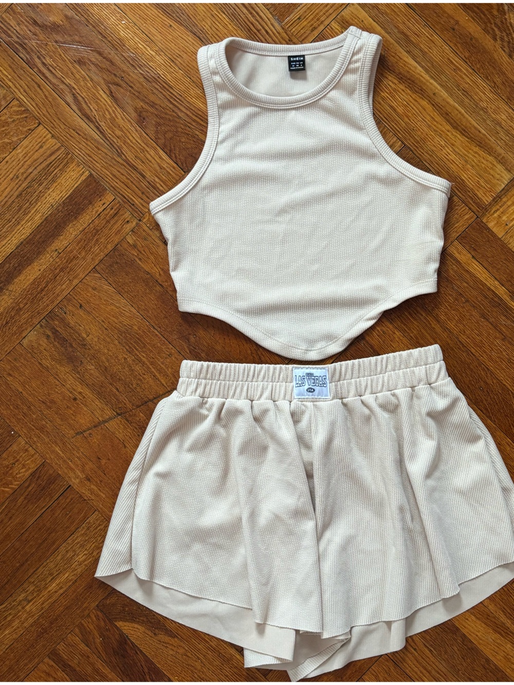 Cream Ribbed Crop Tank & Layered Skort Set